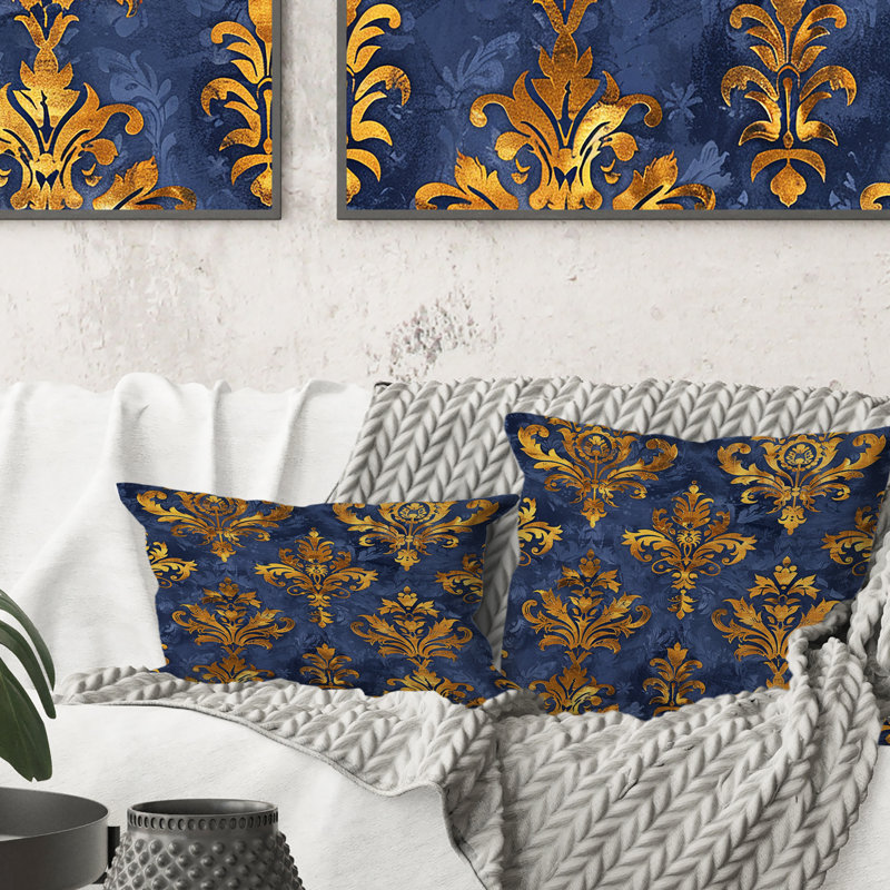 Coussin décoratif bleu et doré Royal Damaska Glamour I, H 16 po x l 16 po