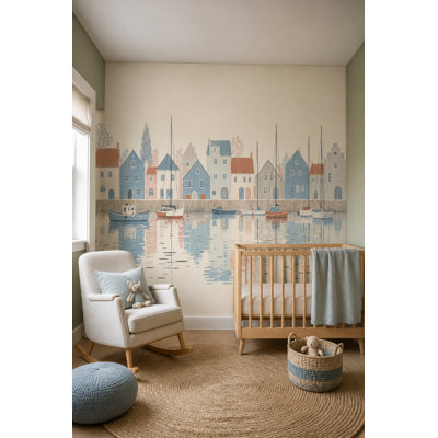 Harbor Town Wall Mural Coastal Sailboats Pastel Village Watercolor Landscape