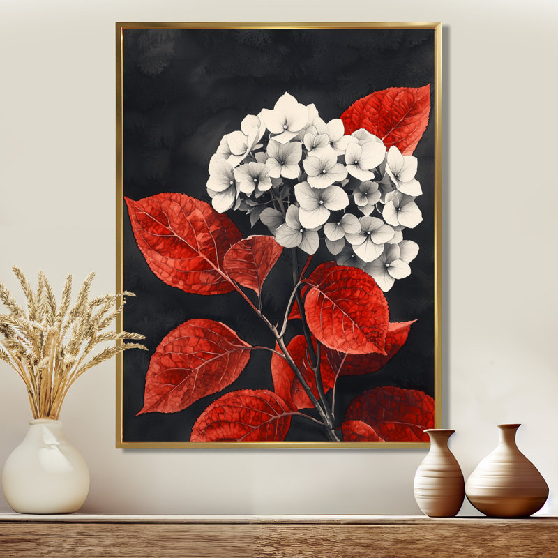 Hortensias monochromes avec feuilles rouges II - hydrangées grand art mural, H 40 po x l 30 po, Doré