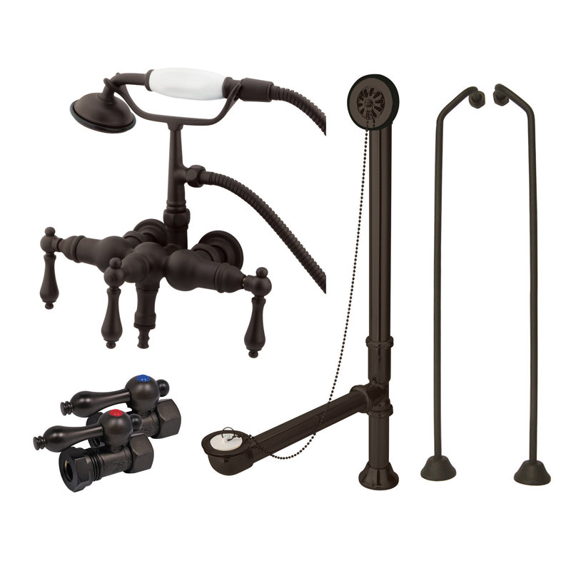 Kingston Brass Vintage Three-Handle 2-Hole Tub Wall Mount Clawfoot Tub Faucet Package with Supply Line, Hand Shower and Tub Drain