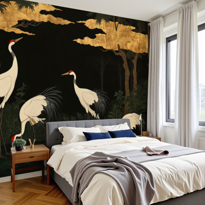 Papier peint adhésif chinois chinois à motif de grues couronnées élégantes, nuages dorés, nature, oriental, papier peint en PVC amovible H 100 po x l 144 po, art mural pour salon