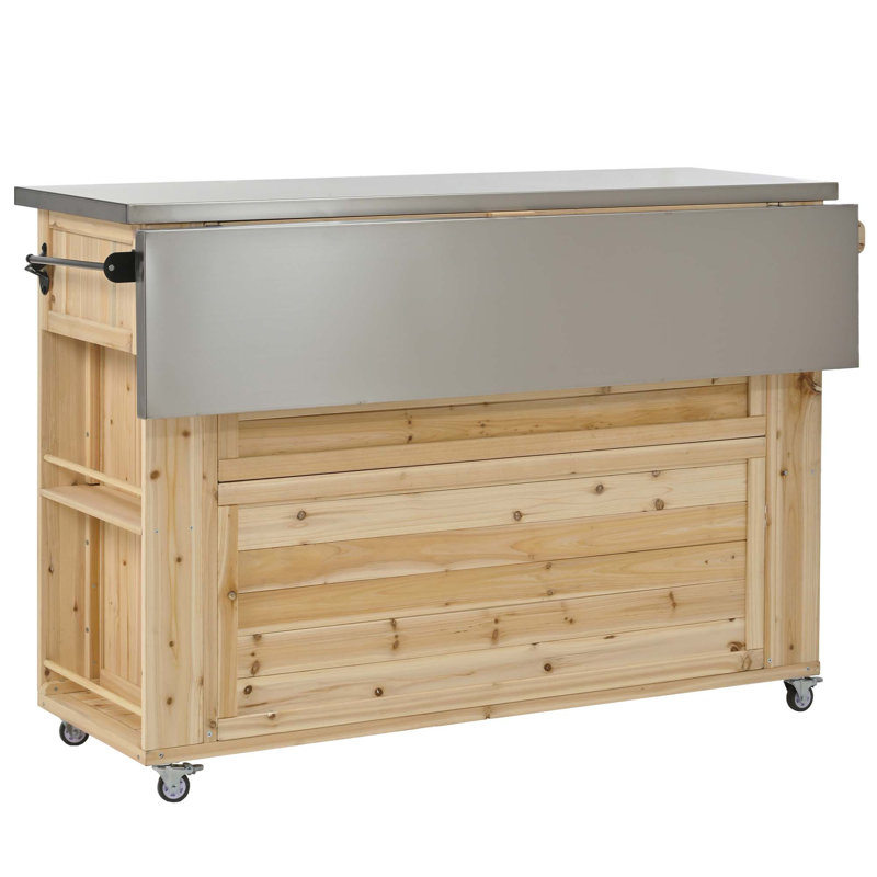 Outdoor Fir Wood Kitchen Island With Stainless Steel Top, Ample Storage, Towel And Spice Racks, Bottle Opener For Outdoor Cooking