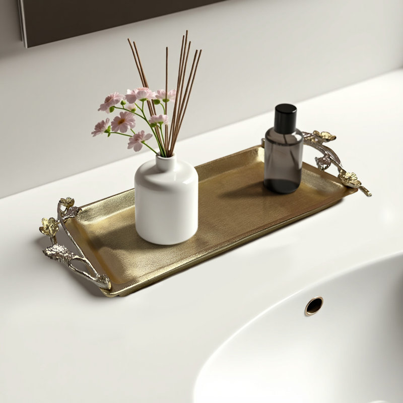 Wild Flower Rectangular Vanity Tray with Textured Handles in Polished Aluminum and Brass