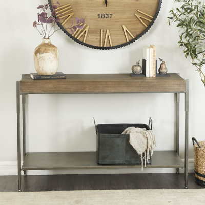 Metal 1 Shelf Gray Console Table with Brown Wood Top