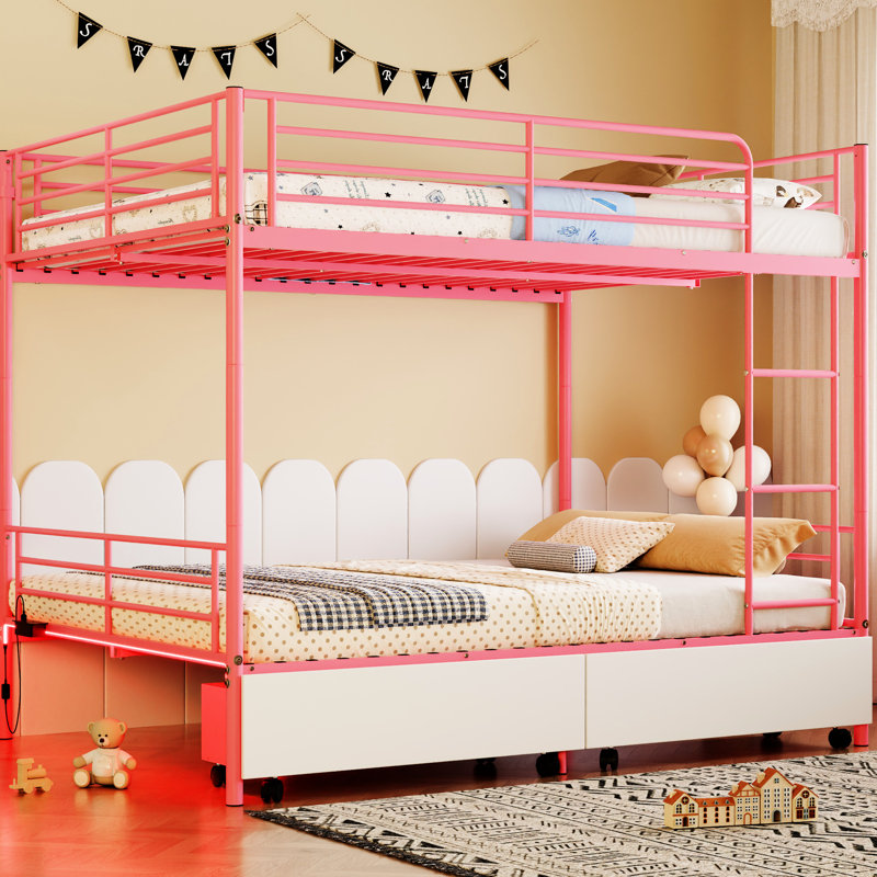 Lit superposé en métal rose avec charge, design, espace de rangement, sans sommier, peut être divisé en 2 lits simples, configuration de chambre à coucher moderne avec style, espace, divisibles