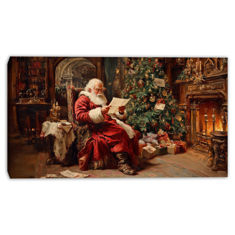 Père Noël lisant des lettres sur toile, art mural, 24 po x 42 po