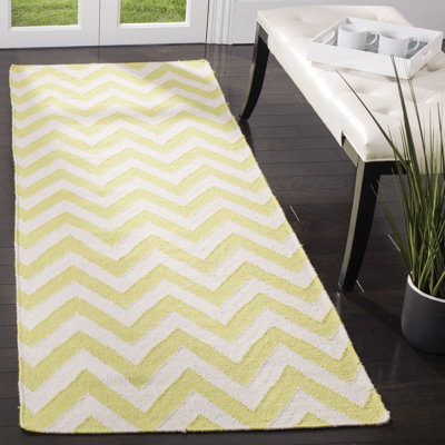 Tapis vert / ivoire en laine et coton tissé à la main Dhurries