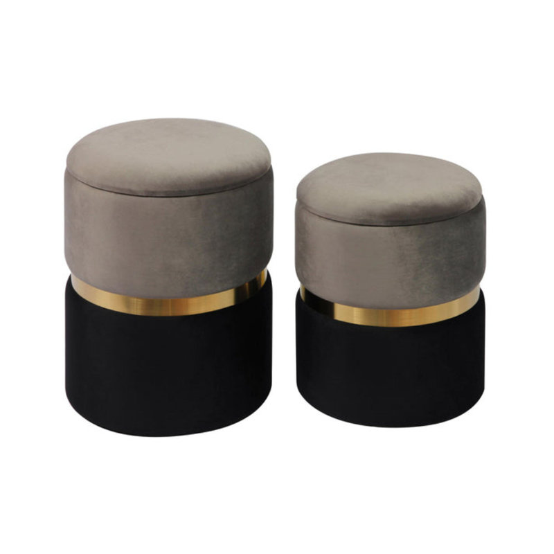 Repose-pieds de rangement rond en velours de 14,2 po Ernesha, Noir/gris