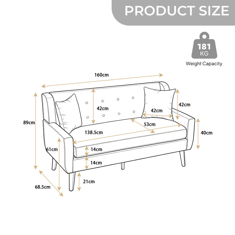 Jaqueze 159.9Cm Square Arms Sofa, Yellow