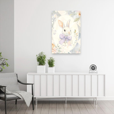 Whimsical Bunny With Bow Delicate Whimsical Abstract Rabbit Nature Portrait Wall Art Print by Mathieu - Wrapped Canvas Print
