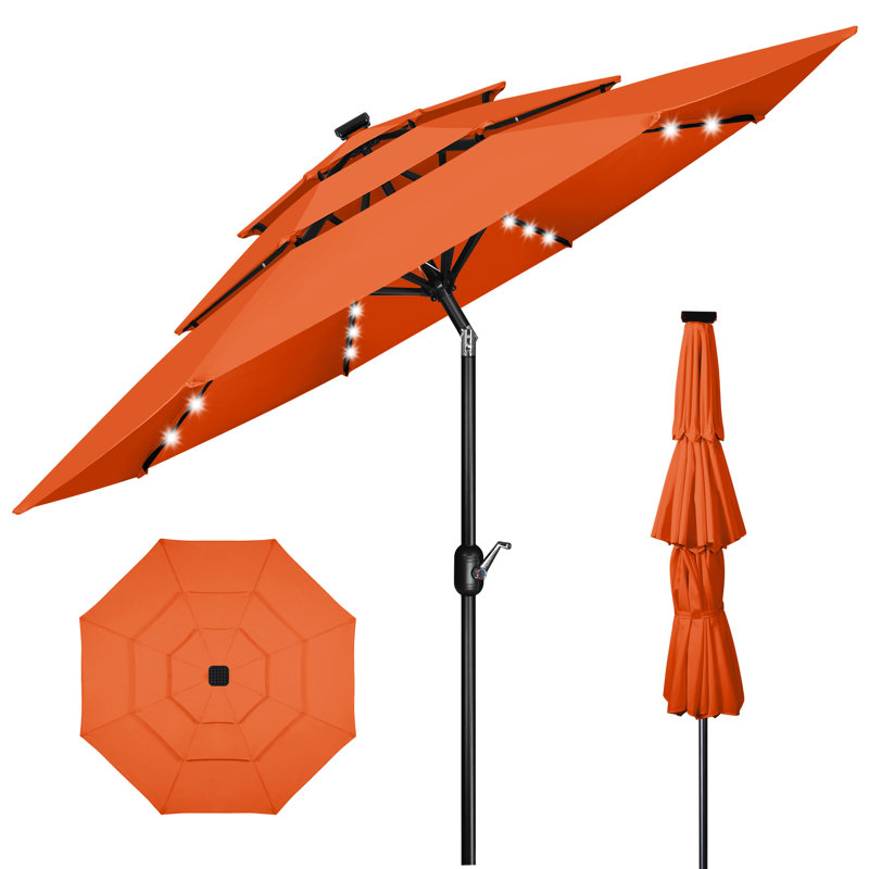 3 m 3-Tier Solar Patio Umbrella,32 LED Lights Patio Table Umbrellas With Tilt And Crank,8 Sturdy Ribs For Market, Beach, Pool, Garden, Deck, Backyard