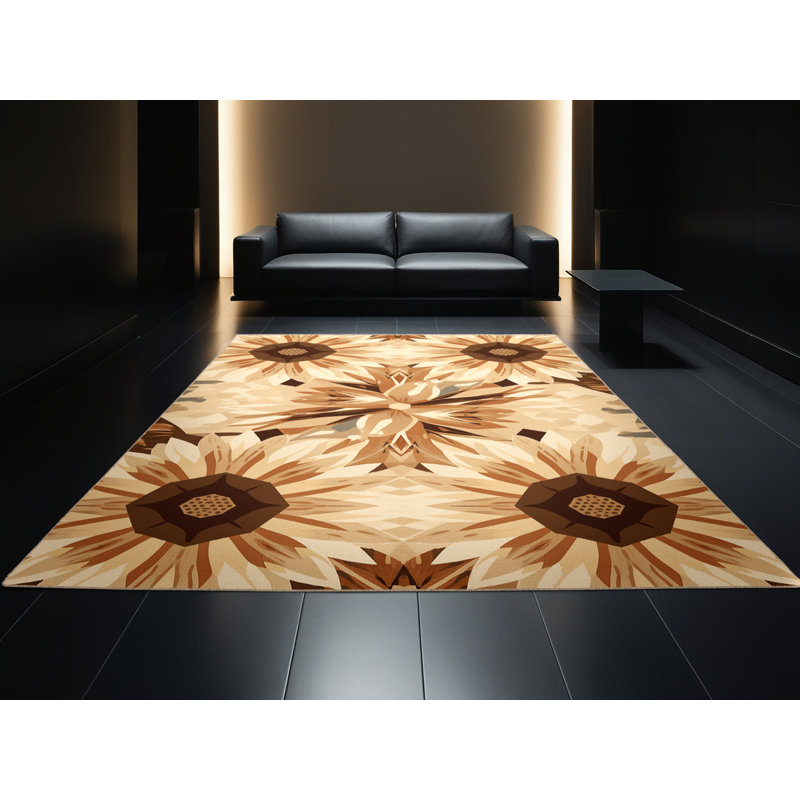 Tapis lavable à la machine à motif géométrique campagnard de couleur campagnard brun / beige Ortencia, Rond 5 pi