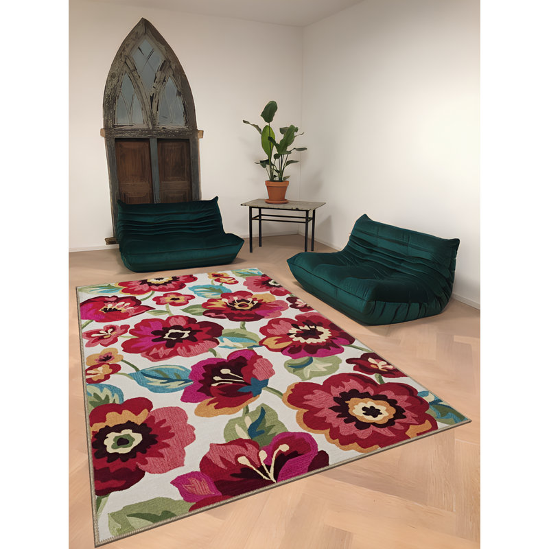 Red Rose Patterned Multi-Colored Modern Decorative Rug, Rectangle 4'11.06" x 9'10.11"