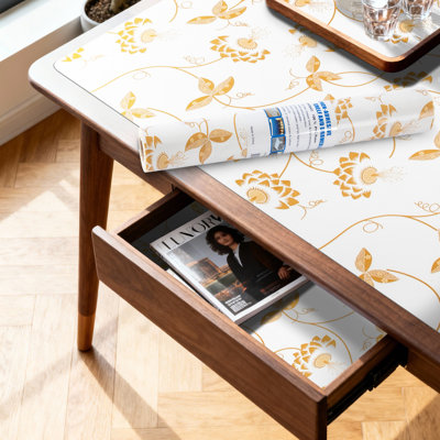 Drawer and Shelf Liner for Kitchen Cabinet,Non-Adhesive Non-Slip Waterproof,12in x 10FT Golden Floral Leaf,Shelf Paper Cupboard Liners for Refrigerator Dresser Shelves Bathroom