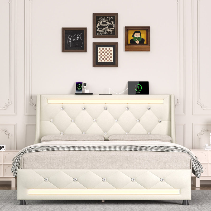 Structure de lit double avec tête de lit, structure de lit plateforme tapissier pleine grandeur avec station de charge et lumières DEL, sommier avec support à lattes de bois, aucun sommier requis, silencieux, assemblage facile, blanc