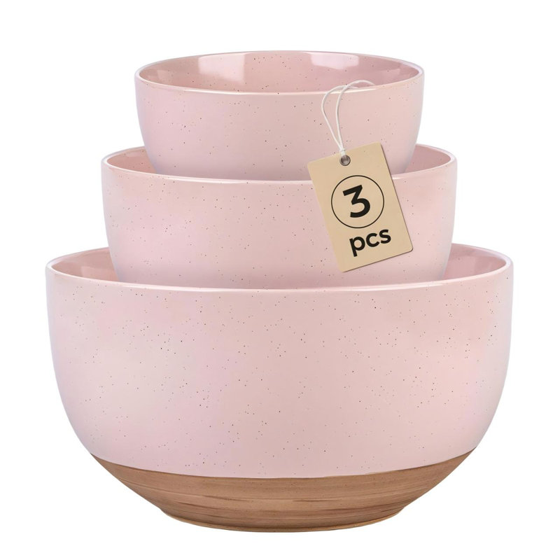 Bols à mélanger en céramique, bols gigognes, bols de service en grès avec dessous terre cuite rustique, va au micro-ondes et au lave-vaisselle, ensemble de 3, (rose nuage)