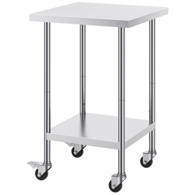 Table de travail en acier inoxydable 61 x 61 x 97 cm, capacité de charge de 318 kg, 4 roues, 3 hauteurs réglables, table de préparation alimentaire robuste pour cuisines professionnelles et restaurants, argent