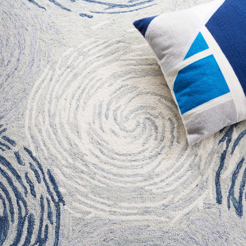 Micro-Loop Hand Tufted Wool/Cotton Geometric Rug in Ivory/Blue, Rectangle 8' x 10'