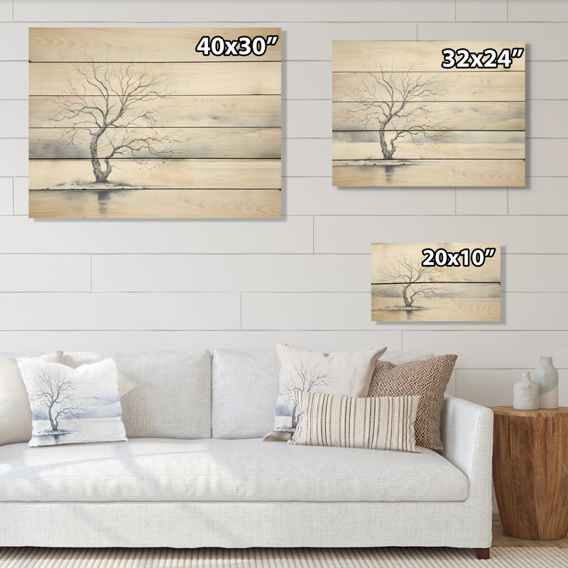 Winters Tree Minimalisme I - Art mural en bois sur bois de pin naturel, H 30 po x l 40 po