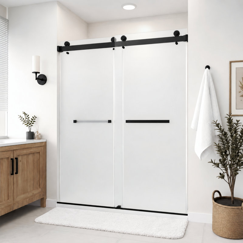 Porte de douche coulissante double sans cadre de 56 po à l 61 po x H 76 po Catalyst en noir mat avec verre gravé à l'acide 3/8 po