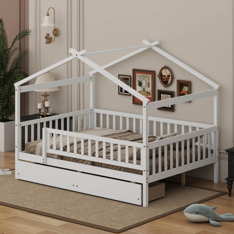 Lit double en bois avec tiroirs, Blanc
