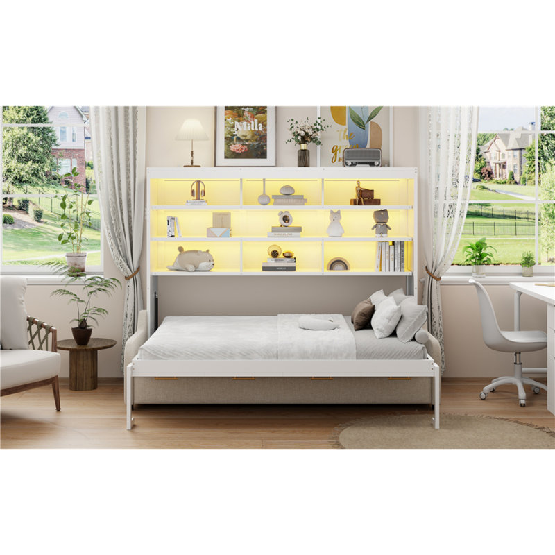 Grand lit escamotable à armoire avec canapé pliant, tablettes de rangement intégrées et lumière DEL, beige (Ancien SKU: N7090000603A) (ETA: 2/17)