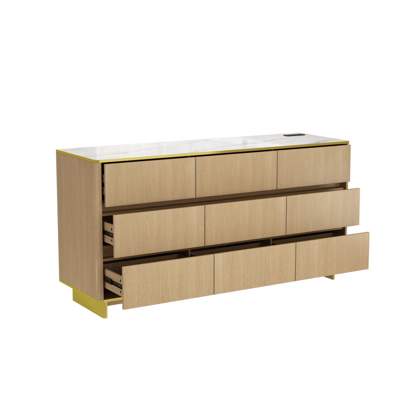 Commode 9 tiroirs Adlington avec dessus UV en marbre ultrabrillant de 63 po et éclairage à DEL Bluetooth, Oak