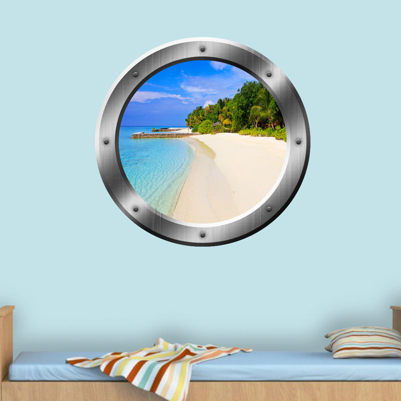 Adhésif décoratif plage tropicale hublot 3D, H 20 po x l 20 po x P 0,01 po, Bleu / beige