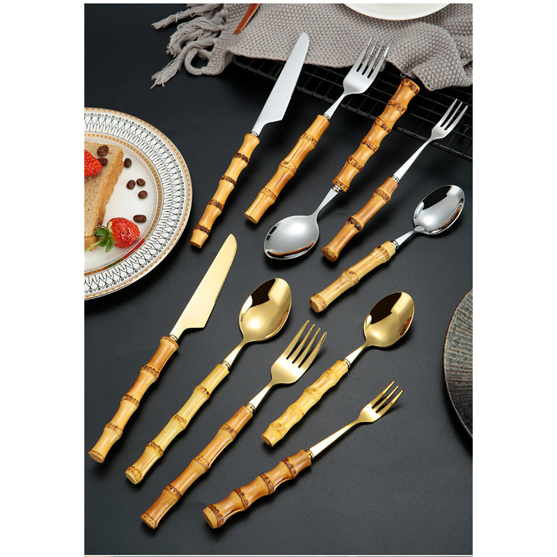 Ensemble 20 pièces de couverts en acier inoxydable avec poignées en bambou naturel - fourchettes à salade, couteaux à steak, cuillères à café