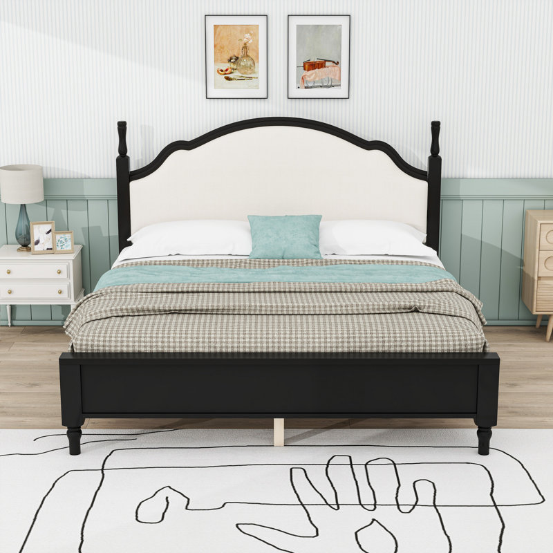 Wooden Platform Bed with Headboard and Slats, Black/Beige, King
