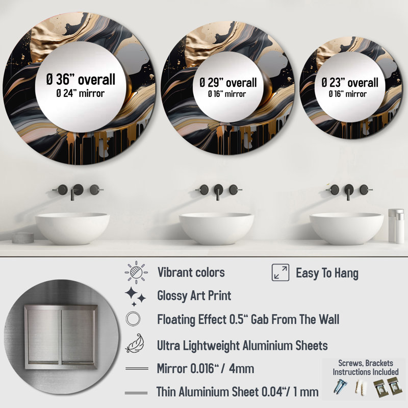 Pairlee Gold And Black Marbled Euphoria III - Marble Unique Wall Mirror, Modern Round Mirror, Printed Metal Art, 29" x 29"