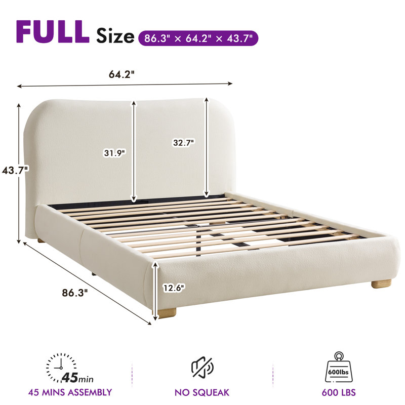 Modern Upholstered Platform Bed with Curved Headboard and Rounded Footboard, Cream, Full