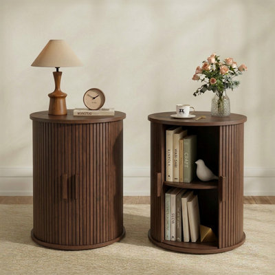Table de bout ronde cannelée avec porte tambour et porte-tablette coulissante (ensemble de 2)