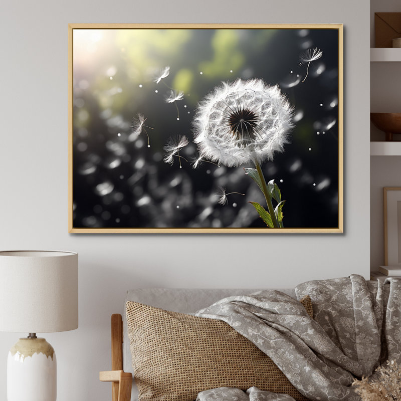 White Black Dandelion Whispers III - Floral Wall Art Living Room, H 12 po x l 20 po x P 1 po, Cadre naturel flottant