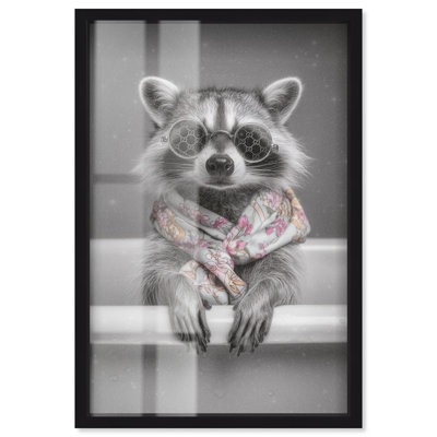 Little Glam Tub Raccoon Shadowbox Print Bathroom Wall Art by Art Remedy, Black Frame, 21 x 31
