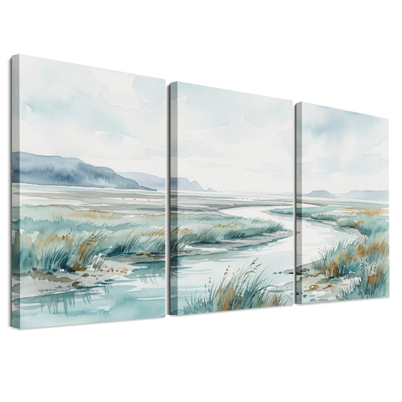 «Marshland River with Distant Hills», ensemble de 3 toiles, H 36 po x l 24 po x 3 pièces