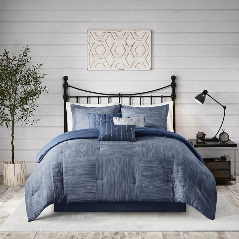 Édredon imprimé en seersucker très grand - bleu marine, microfibre douce, 2 coussins décoratifs carrés 7 pièces bleu marine en seersucker, literie chaude