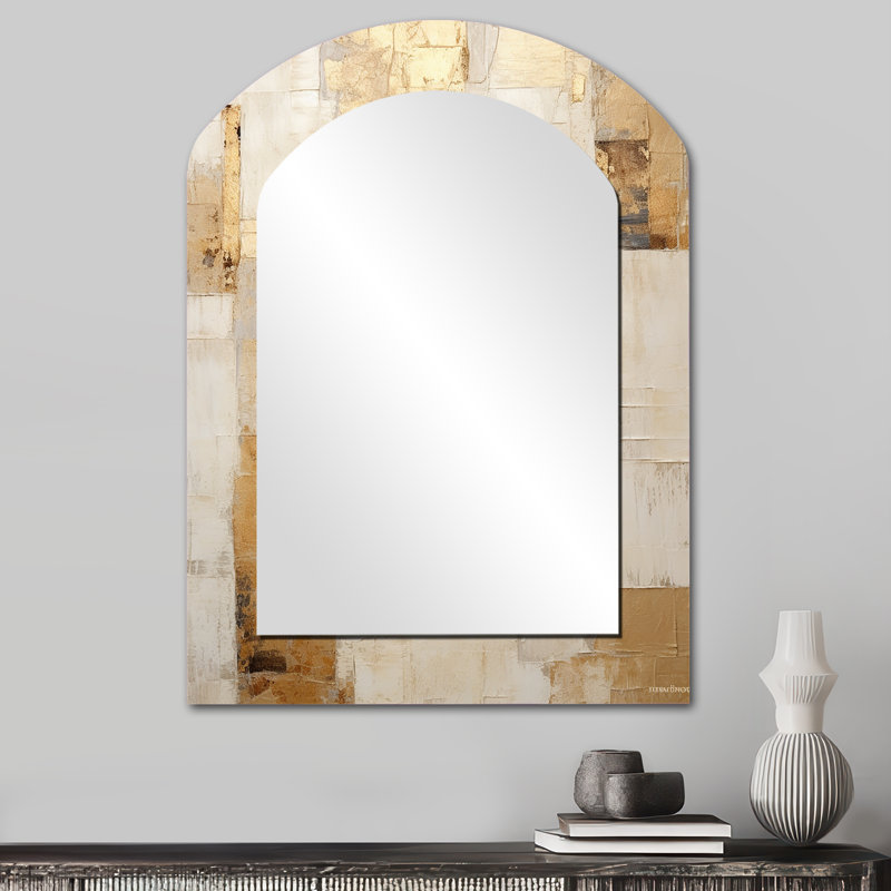 Beige et doré Dream Collage I - miroir asymétrique de formes abstraites, miroir mural décoratif en arche beige, impression d'art en métal