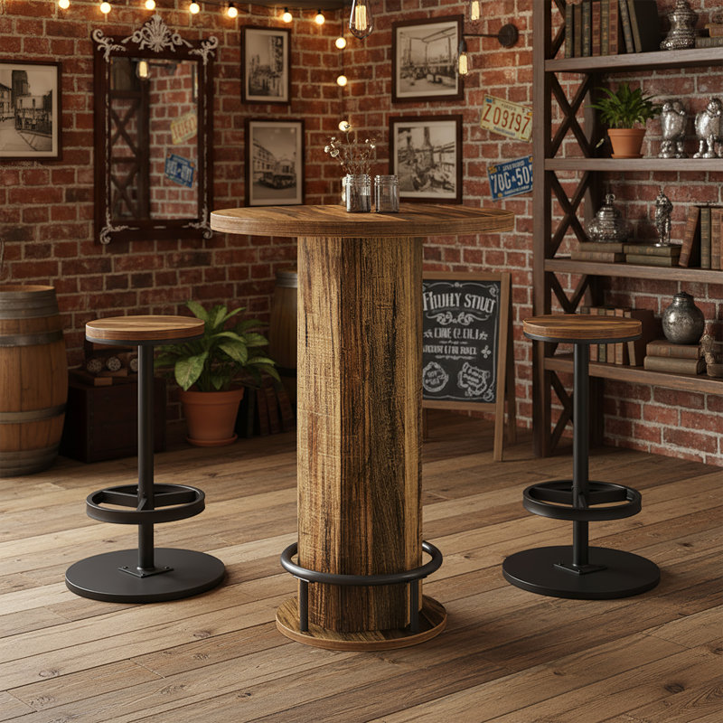 Ensemble de table de bar ronde, bar maison de ferme avec 2 tabourets de bar, Brun