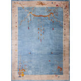 Hand Knotted Pile Blue Floral 1920s Large Rectangle Antique Wool Rug