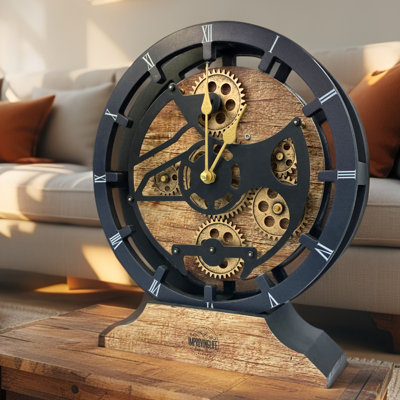 Mantel Clock 16" Round for Living Room decor with Real Moving Gears transformable into a Wall Clock (detachable base) Canada Collection