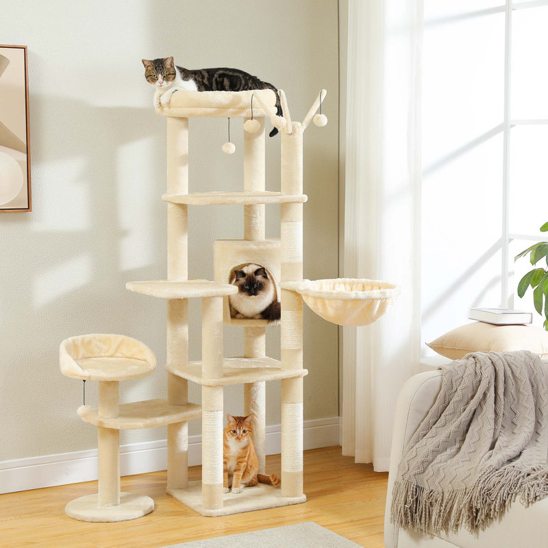 Beige Multi-Level Cat Tree Tower with Hammock and Scratching Posts