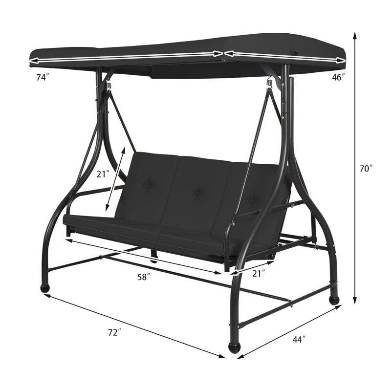 Black Adjustable Steel Frame 3-Seat Outdoor Swing with Canopy