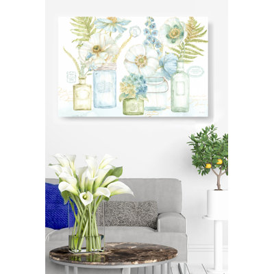 Pots en verre, or, bleu, delphinium, vert, hortensias, pot Mason, fleurs, plantes, coquelicots, sarcelle, vase, aquarelle, sur fond blanc