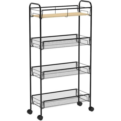 4-Tier Slim Rolling Cart,Metal Utility Cart,Slide Out Storage Cart With Tabletop And Mesh Baskets, Black