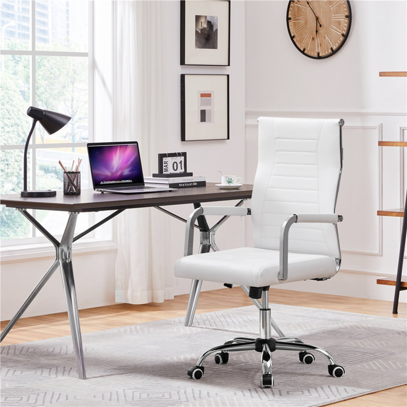 Chaise de travail ergonomique en similicuir Caileb, Blanc
