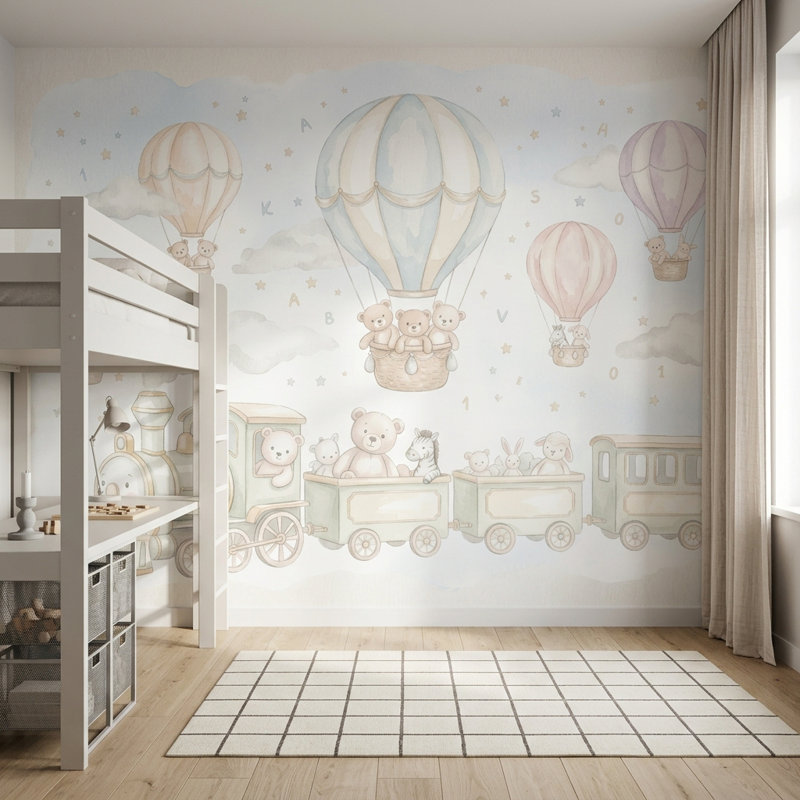 Papier peint avec ballons à air chaud, 140 po x 108 po, Peler et coller