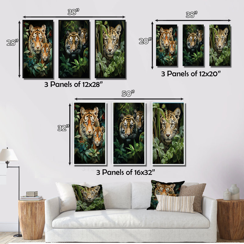 «Asian Art Tigers In Jungle», 3 pièces, Toile tendue, H 32 po x l 48 po