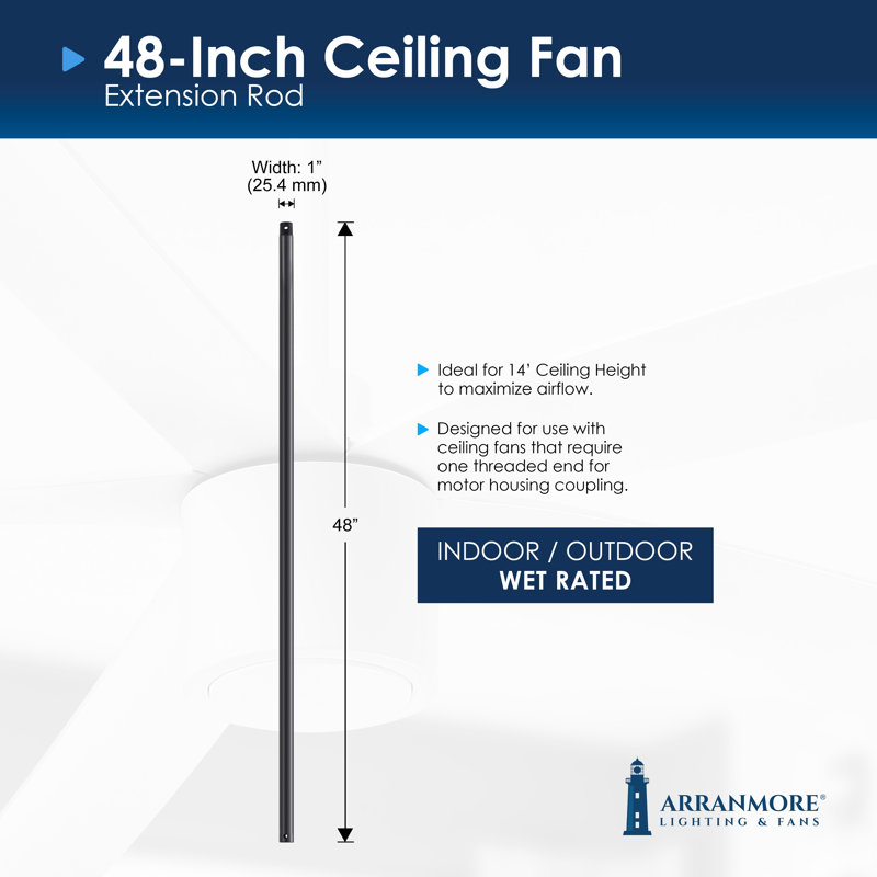 Steel Fan Threaded End Downrod, 48" H x 1.25" W x 1.25" D, Matte Black