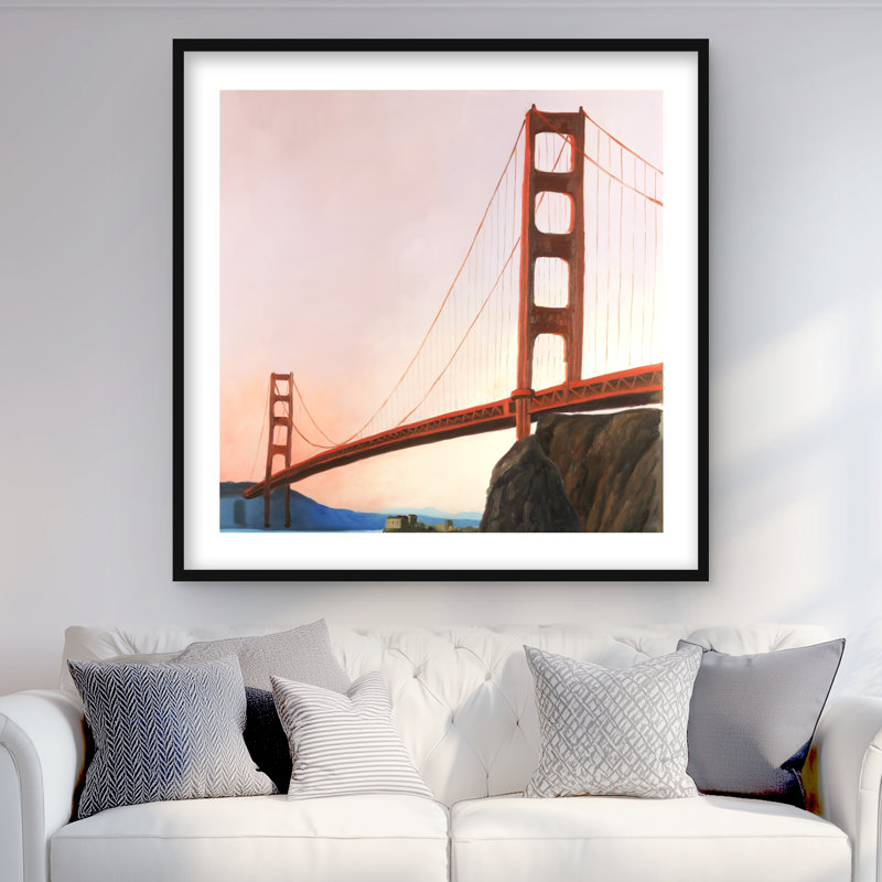 Coucher de soleil sur le Golden Gate Bridge | Reproduction encadrée contemporaine, H 36 po x l 36 po, Noir